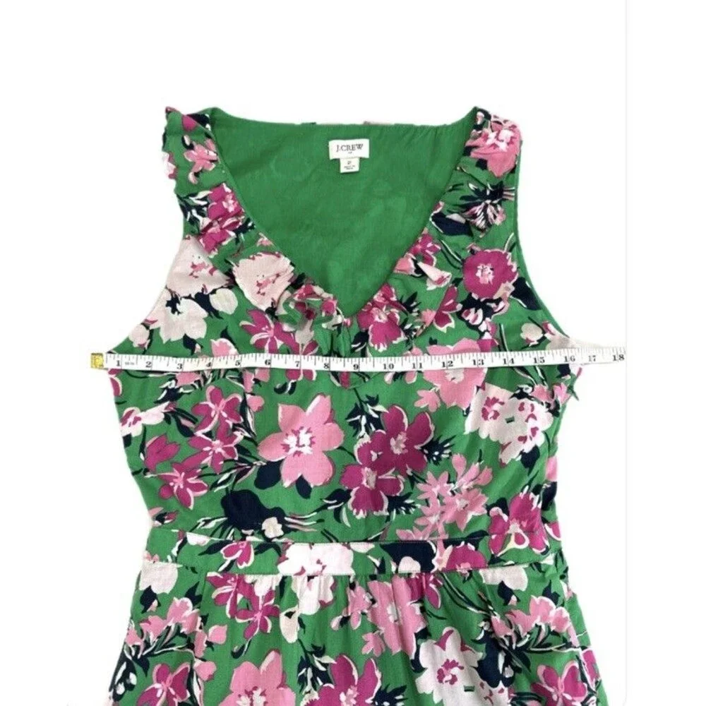 J. Crew Ruffle V-Neck Midi Dress Green Pink Size 2 Floral 100% Cotton Lined - Picture 7 of 9